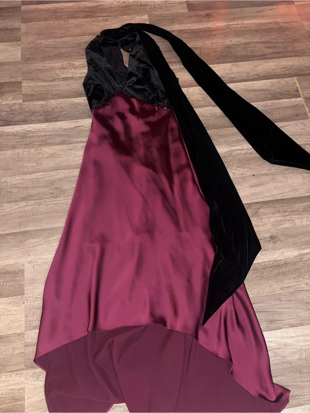 Halston Black Velvet Halter with Wine Satin High-Low Skirt